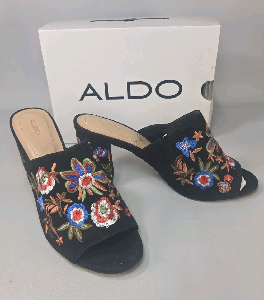 ALDO Women’s Black Embroidered Floral Mule Heels Slip On Block Heel Sandals Sz10